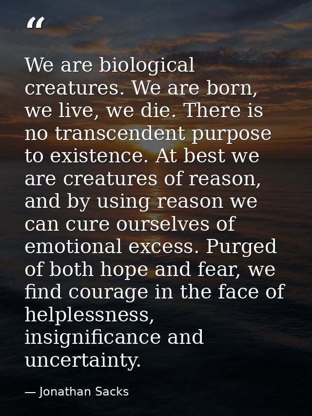 We are biological creatures. We are born, we live, we die. There is no transcendent purpose to existence. At best we are — Jonathan Sacks
