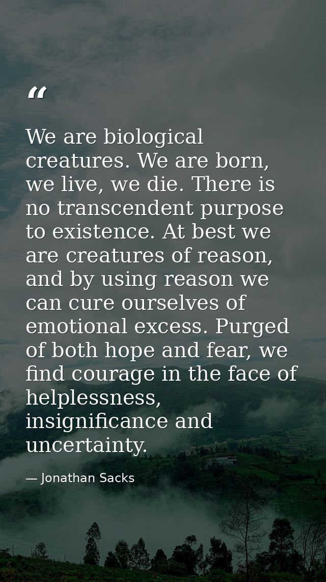 We are biological creatures. We are born, we live, we die. There is no transcendent purpose to existence. At best we are — Jonathan Sacks