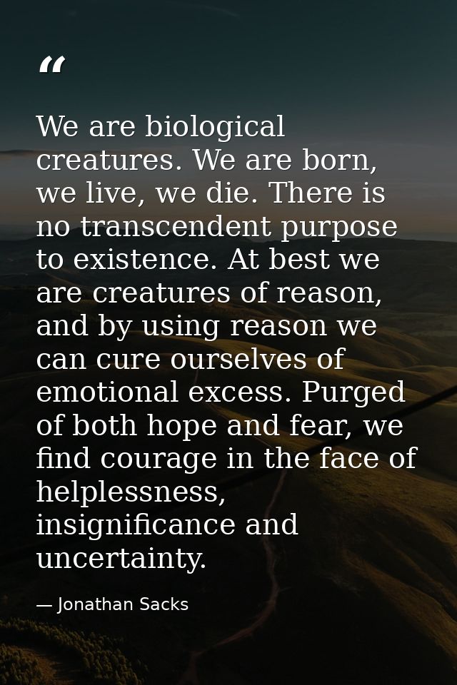 We are biological creatures. We are born, we live, we die. There is no transcendent purpose to existence. At best we are — Jonathan Sacks
