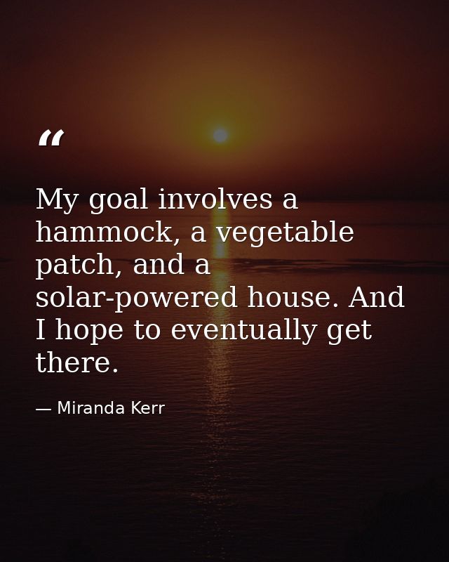My goal involves a hammock, a vegetable patch, and a solar-powered house. And I hope to eventually get there. — Miranda Kerr