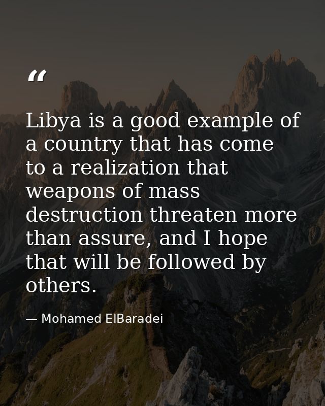 Libya is a good example of a country that has come to a realization that weapons of mass destruction threaten more than  — Mohamed ElBaradei
