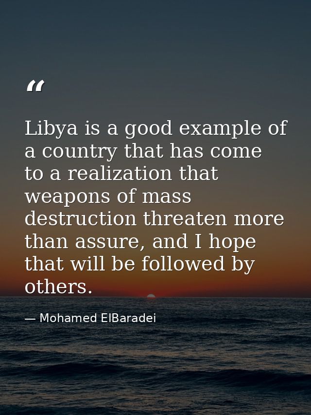 Libya is a good example of a country that has come to a realization that weapons of mass destruction threaten more than  — Mohamed ElBaradei