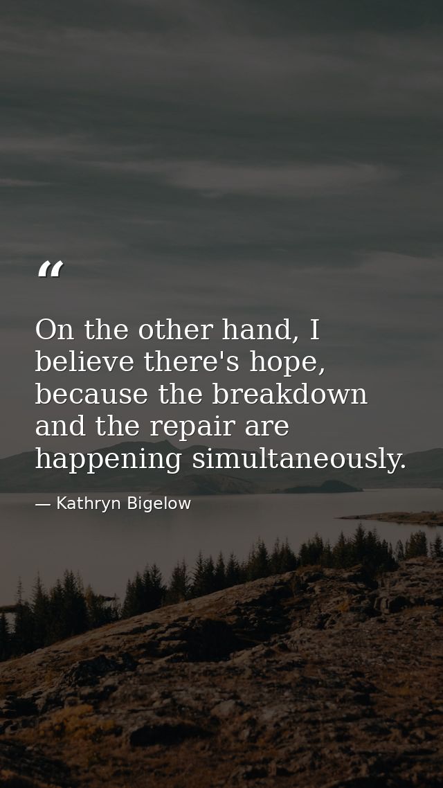 On the other hand, I believe there's hope, because the breakdown and the repair are happening simultaneously. — Kathryn Bigelow