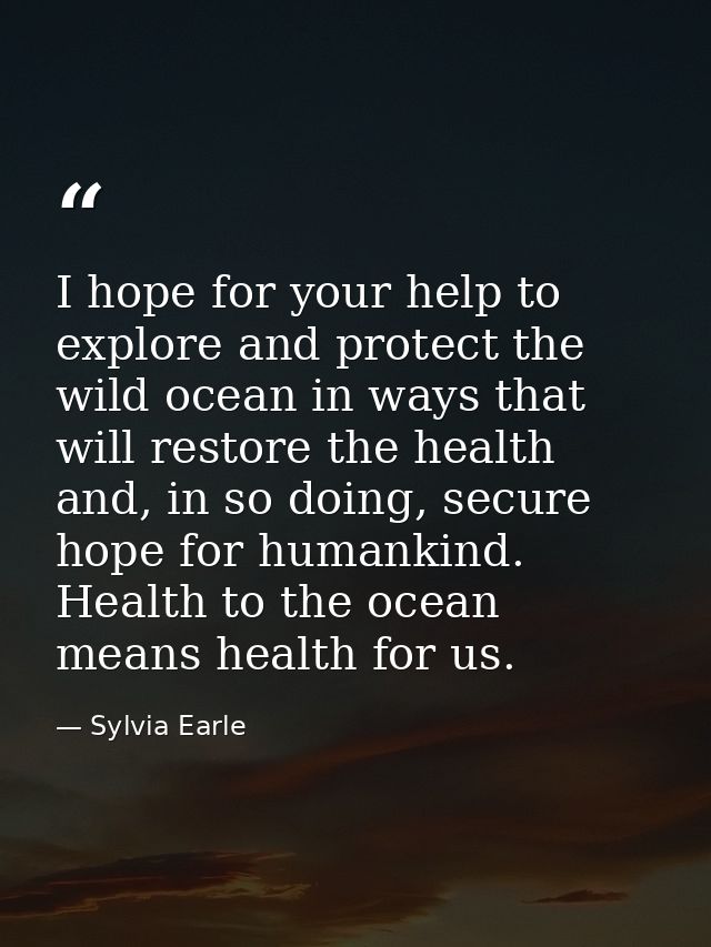 I hope for your help to explore and protect the wild ocean in ways that will restore the health and, in so doing, secure — Sylvia Earle