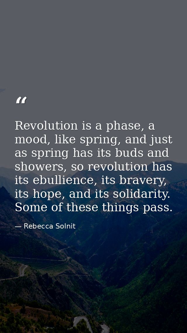 Revolution is a phase, a mood, like spring, and just as spring has its buds and showers, so revolution has its ebullienc — Rebecca Solnit