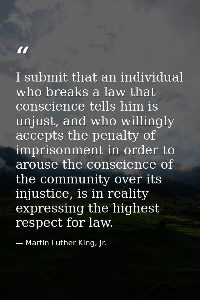 I submit that an individual who breaks a law that conscience tells him is unjust, and who willingly accepts the penalty  — Martin Luther King, Jr.