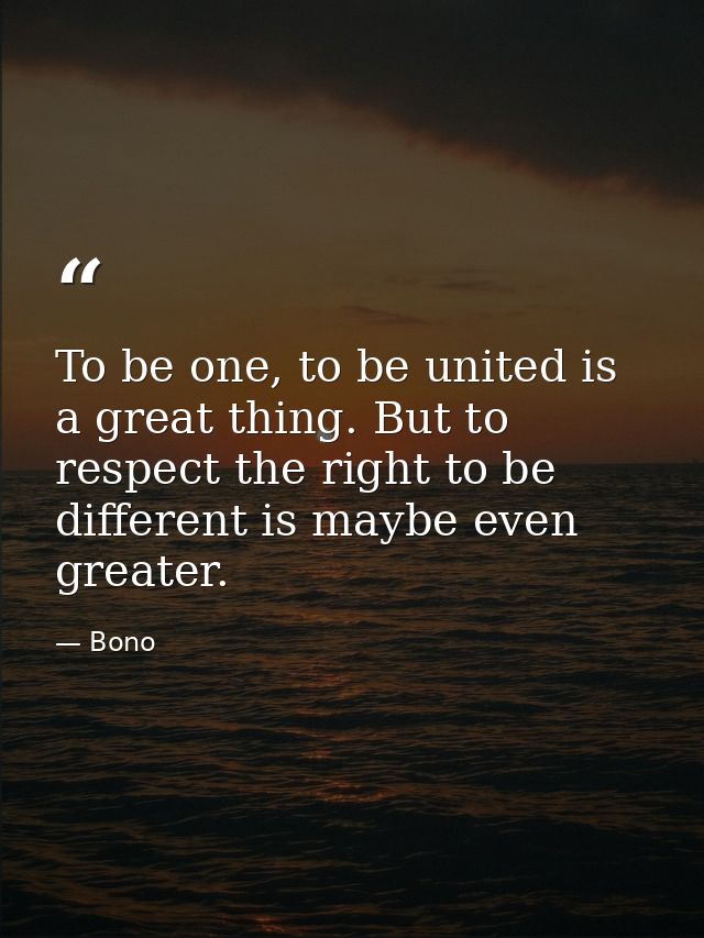 To be one, to be united is a great thing. But to respect the right to be different is maybe even greater. — Bono