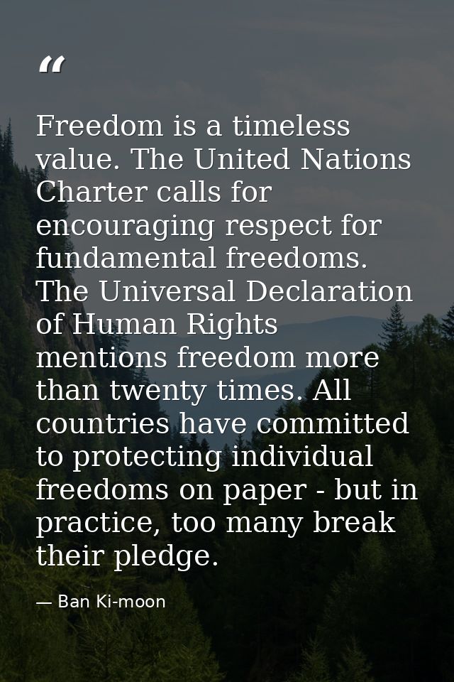 Freedom is a timeless value. The United Nations Charter calls for encouraging respect for fundamental freedoms. The Univ — Ban Ki-moon