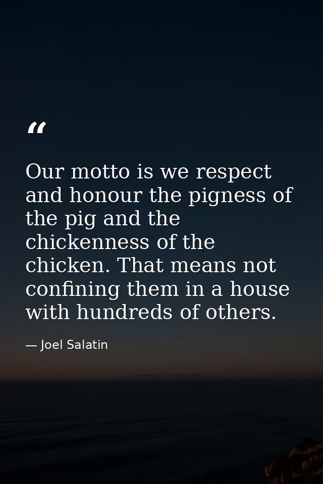 Our motto is we respect and honour the pigness of the pig and the chickenness of the chicken. That means not confining t — Joel Salatin