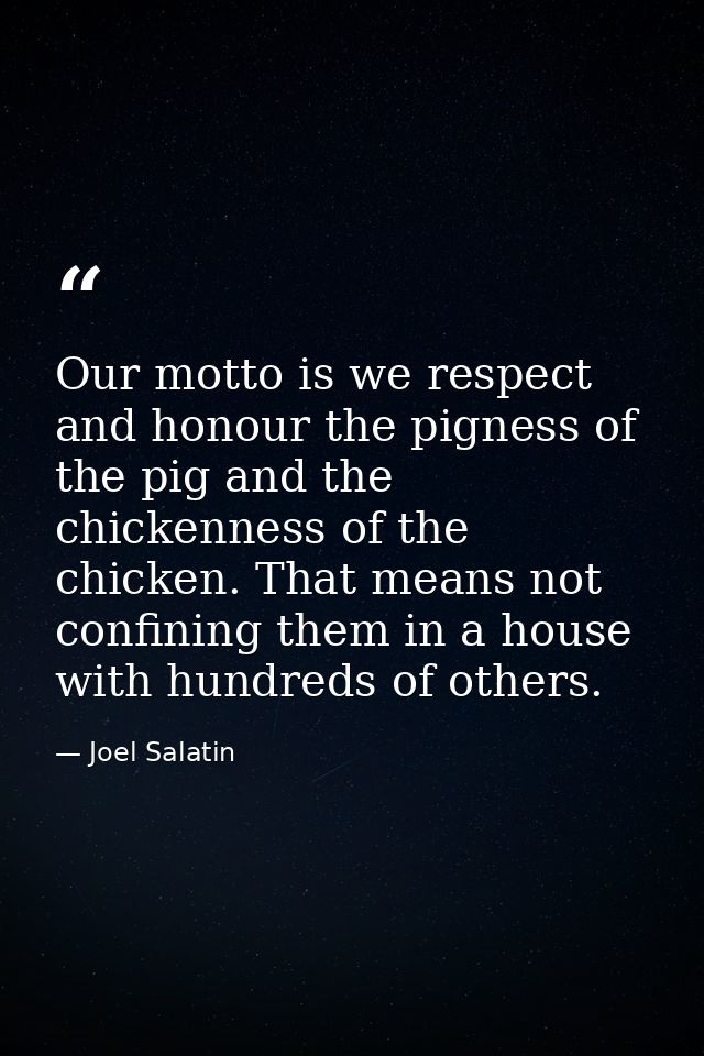 Our motto is we respect and honour the pigness of the pig and the chickenness of the chicken. That means not confining t — Joel Salatin