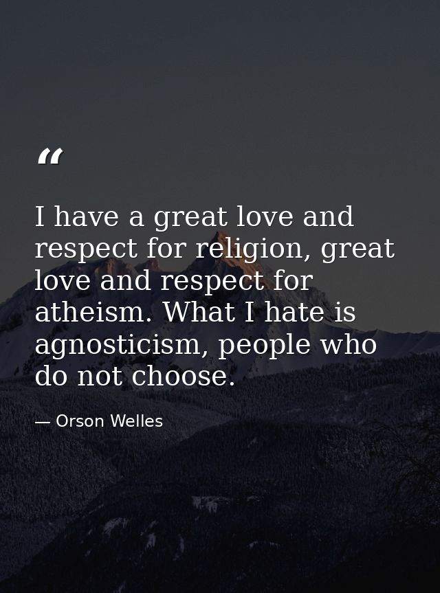 I have a great love and respect for religion, great love and respect for atheism. What I hate is agnosticism, people who — Orson Welles