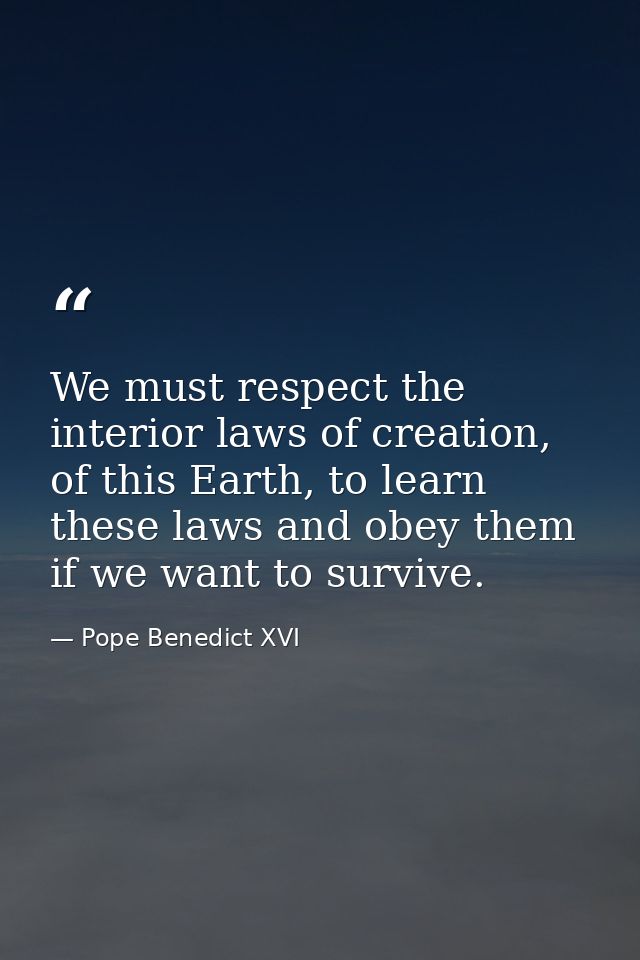 We must respect the interior laws of creation, of this Earth, to learn these laws and obey them if we want to survive. — Pope Benedict XVI