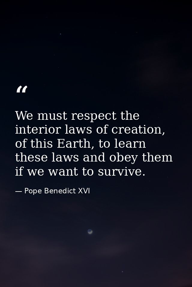 We must respect the interior laws of creation, of this Earth, to learn these laws and obey them if we want to survive. — Pope Benedict XVI