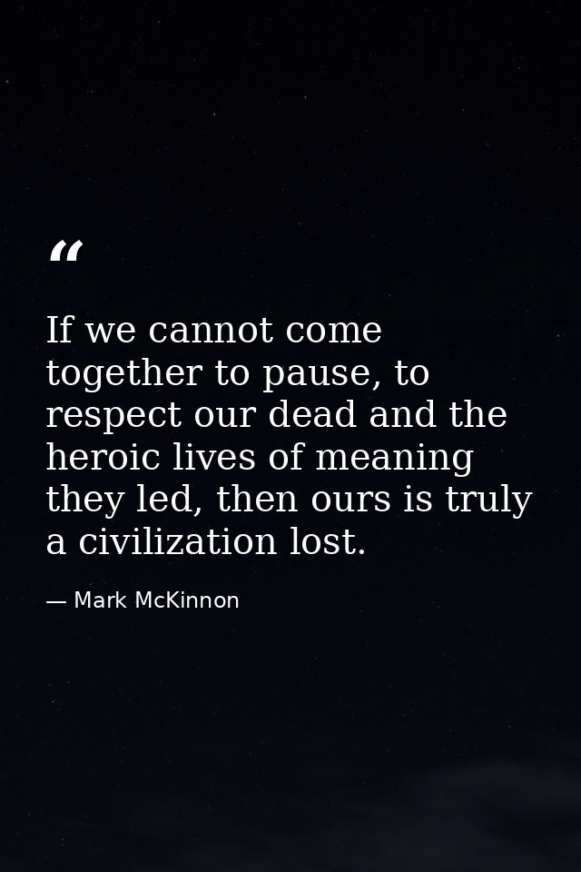 If we cannot come together to pause, to respect our dead and the heroic lives of meaning they led, then ours is truly a  — Mark McKinnon