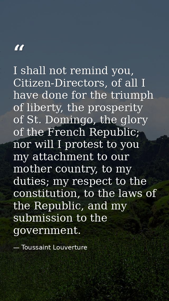 I shall not remind you, Citizen-Directors, of all I have done for the triumph of liberty, the prosperity of St. Domingo, — Toussaint Louverture