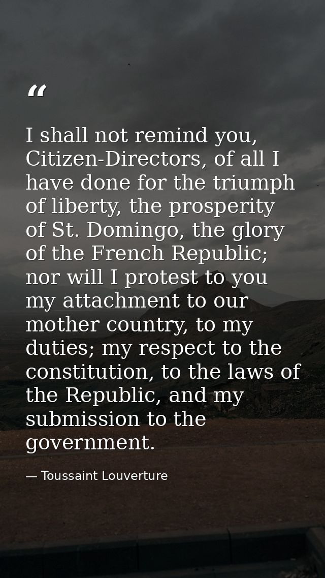 I shall not remind you, Citizen-Directors, of all I have done for the triumph of liberty, the prosperity of St. Domingo, — Toussaint Louverture
