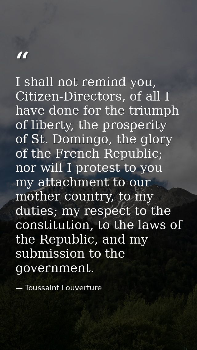 I shall not remind you, Citizen-Directors, of all I have done for the triumph of liberty, the prosperity of St. Domingo, — Toussaint Louverture
