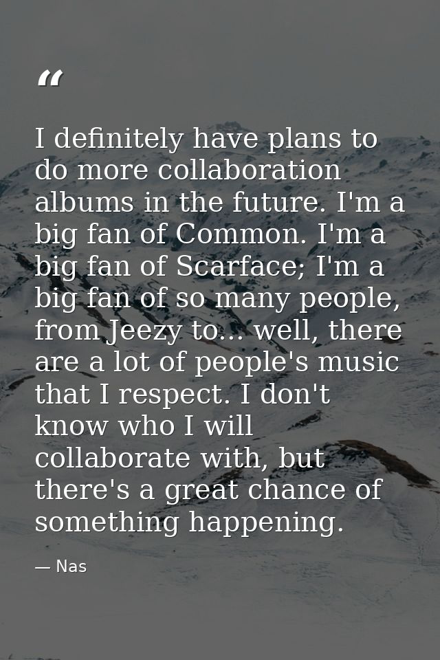 I definitely have plans to do more collaboration albums in the future. I'm a big fan of Common. I'm a big fan of Scarfac — Nas