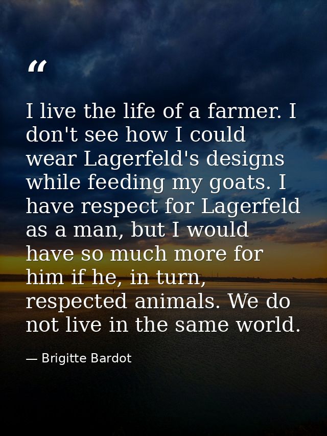 I live the life of a farmer. I don't see how I could wear Lagerfeld's designs while feeding my goats. I have respect for — Brigitte Bardot