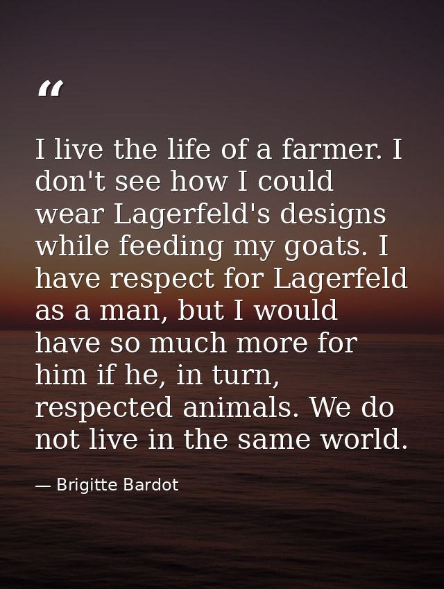 I live the life of a farmer. I don't see how I could wear Lagerfeld's designs while feeding my goats. I have respect for — Brigitte Bardot