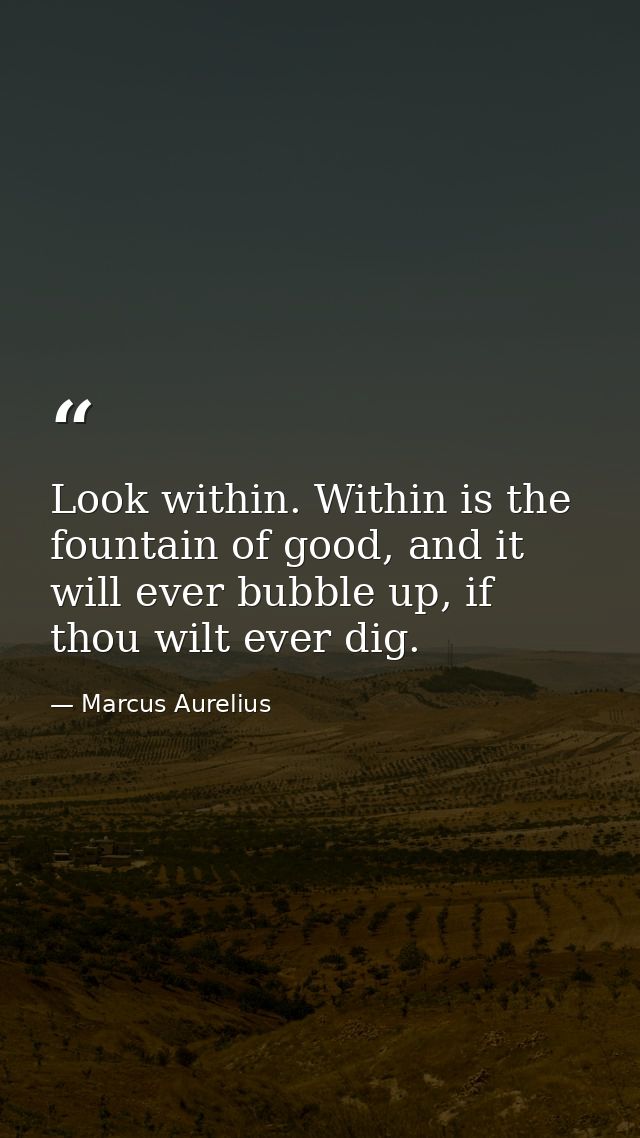 Look within. Within is the fountain of good, and it will ever bubble up, if thou wilt ever dig. — Marcus Aurelius