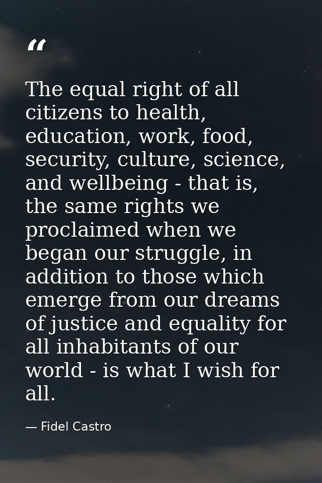 The equal right of all citizens to health, education, work, food, security, culture, science, and wellbeing - that is, t — Fidel Castro