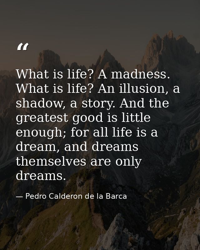 What is life? A madness. What is life? An illusion, a shadow, a story. And the greatest good is little enough; for all l — Pedro Calderon de la Barca