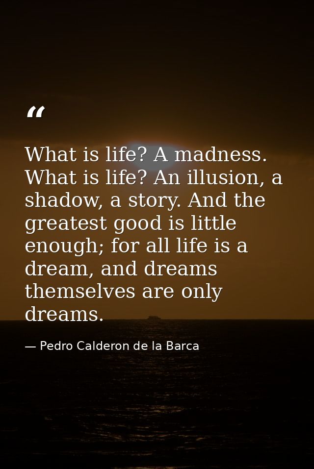 What is life? A madness. What is life? An illusion, a shadow, a story. And the greatest good is little enough; for all l — Pedro Calderon de la Barca