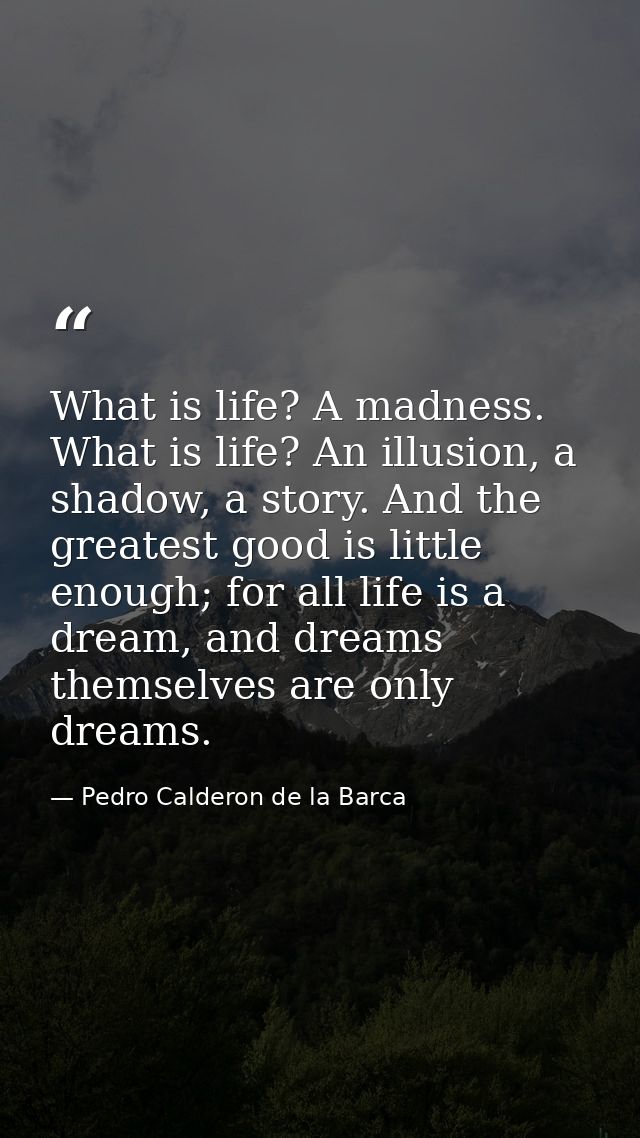 What is life? A madness. What is life? An illusion, a shadow, a story. And the greatest good is little enough; for all l — Pedro Calderon de la Barca