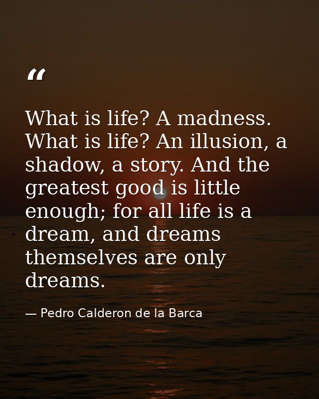 What is life? A madness. What is life? An illusion, a shadow, a story. And the greatest good is little enough; for all l — Pedro Calderon de la Barca