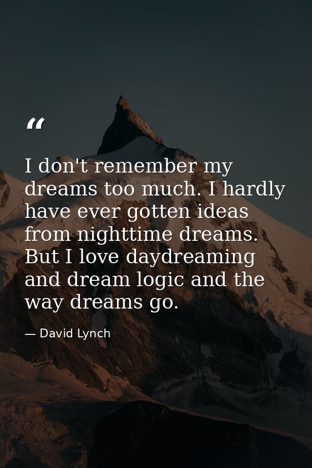 I don't remember my dreams too much. I hardly have ever gotten ideas from nighttime dreams. But I love daydreaming and d — David Lynch