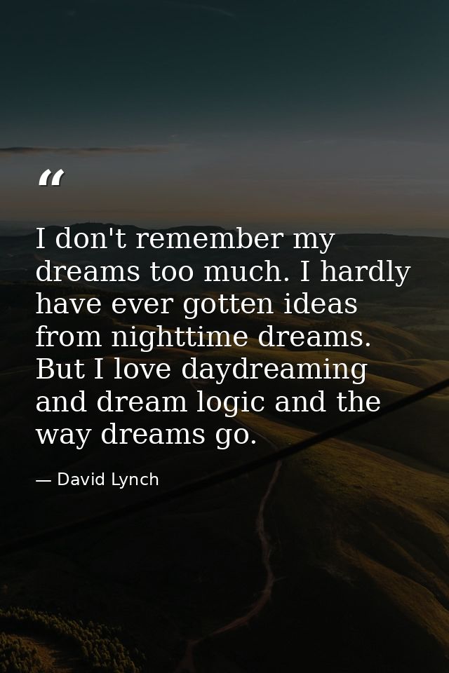 I don't remember my dreams too much. I hardly have ever gotten ideas from nighttime dreams. But I love daydreaming and d — David Lynch