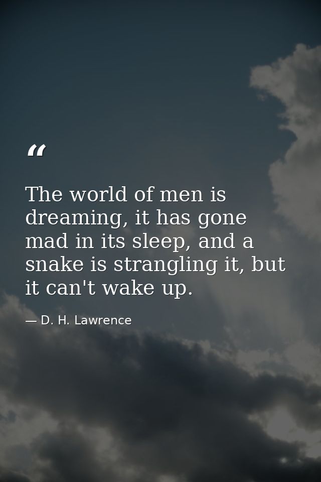 The world of men is dreaming, it has gone mad in its sleep, and a snake is strangling it, but it can't wake up. — D. H. Lawrence