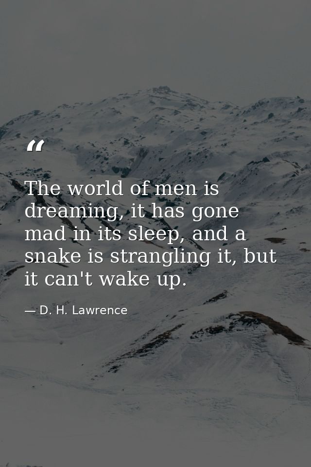 The world of men is dreaming, it has gone mad in its sleep, and a snake is strangling it, but it can't wake up. — D. H. Lawrence