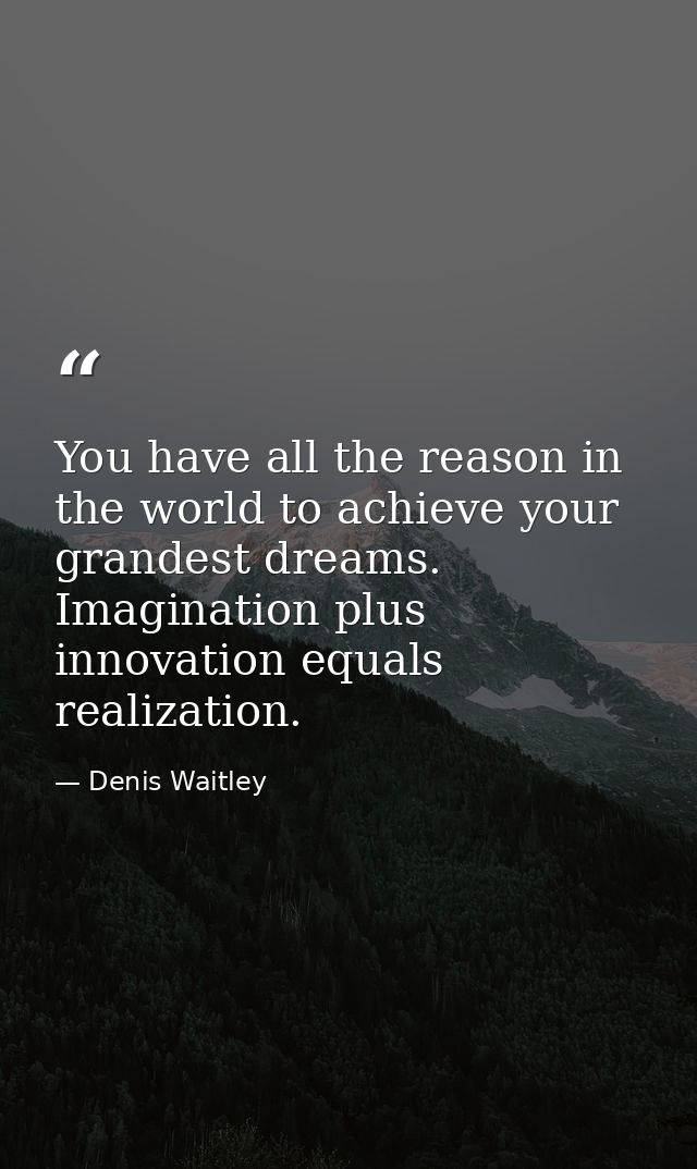 You have all the reason in the world to achieve your grandest dreams. Imagination plus innovation equals realization. — Denis Waitley