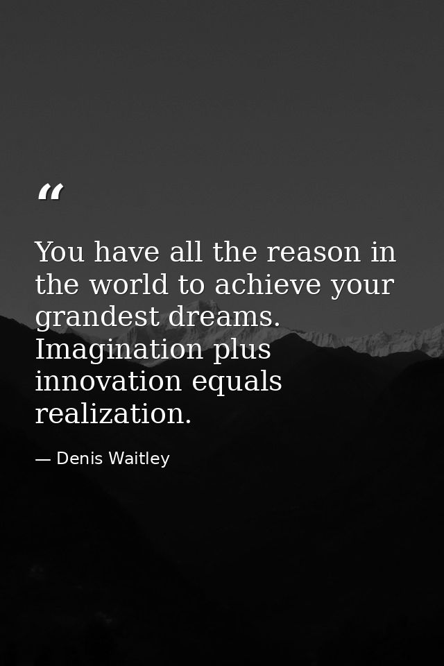 You have all the reason in the world to achieve your grandest dreams. Imagination plus innovation equals realization. — Denis Waitley