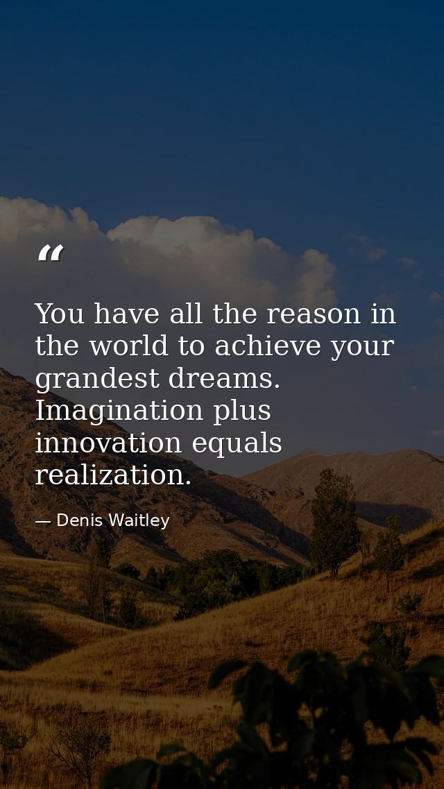 You have all the reason in the world to achieve your grandest dreams. Imagination plus innovation equals realization. — Denis Waitley