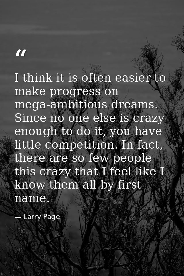 I think it is often easier to make progress on mega-ambitious dreams. Since no one else is crazy enough to do it, you ha — Larry Page