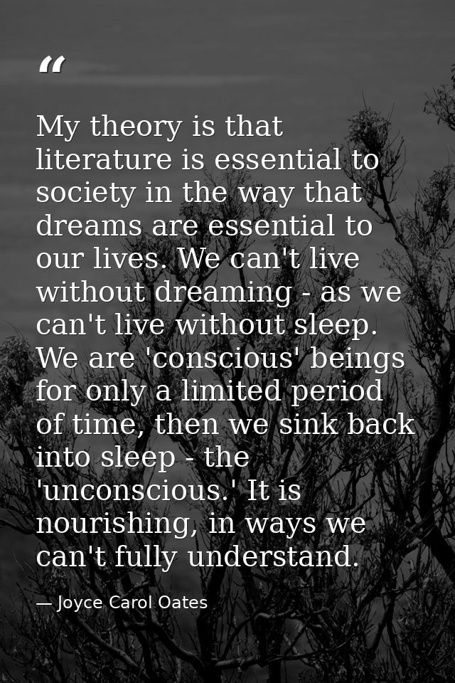 My theory is that literature is essential to society in the way that dreams are essential to our lives. We can't live wi — Joyce Carol Oates