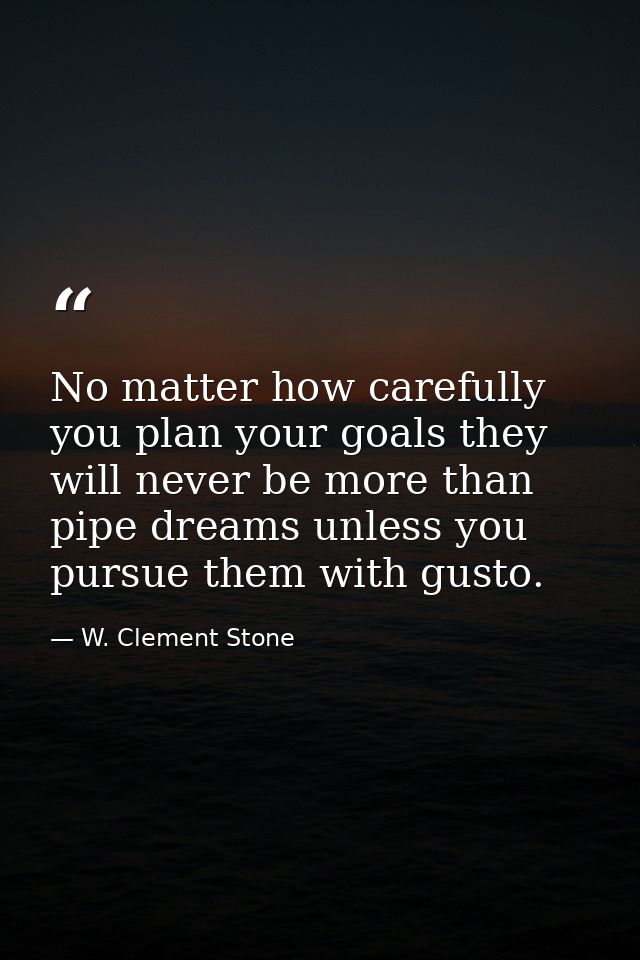 No matter how carefully you plan your goals they will never be more than pipe dreams unless you pursue them with gusto. — W. Clement Stone
