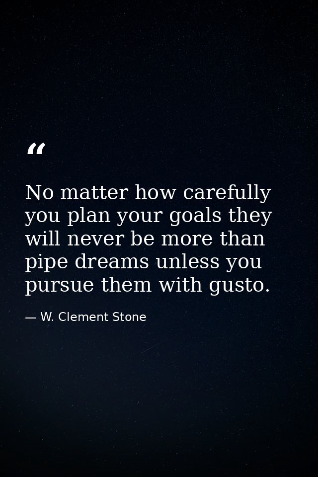 No matter how carefully you plan your goals they will never be more than pipe dreams unless you pursue them with gusto. — W. Clement Stone