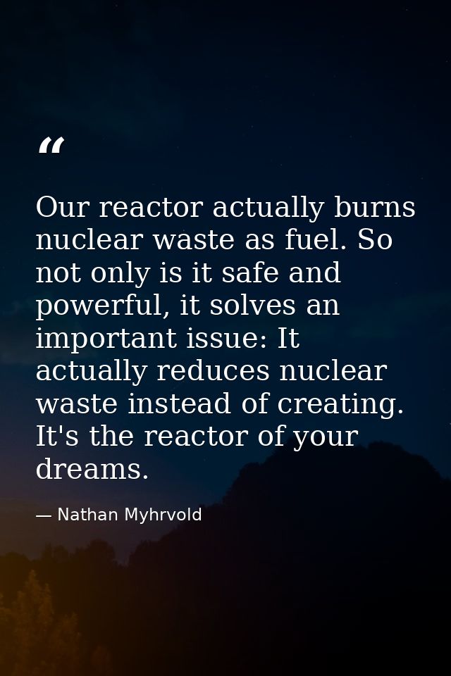 Our reactor actually burns nuclear waste as fuel. So not only is it safe and powerful, it solves an important issue: It  — Nathan Myhrvold