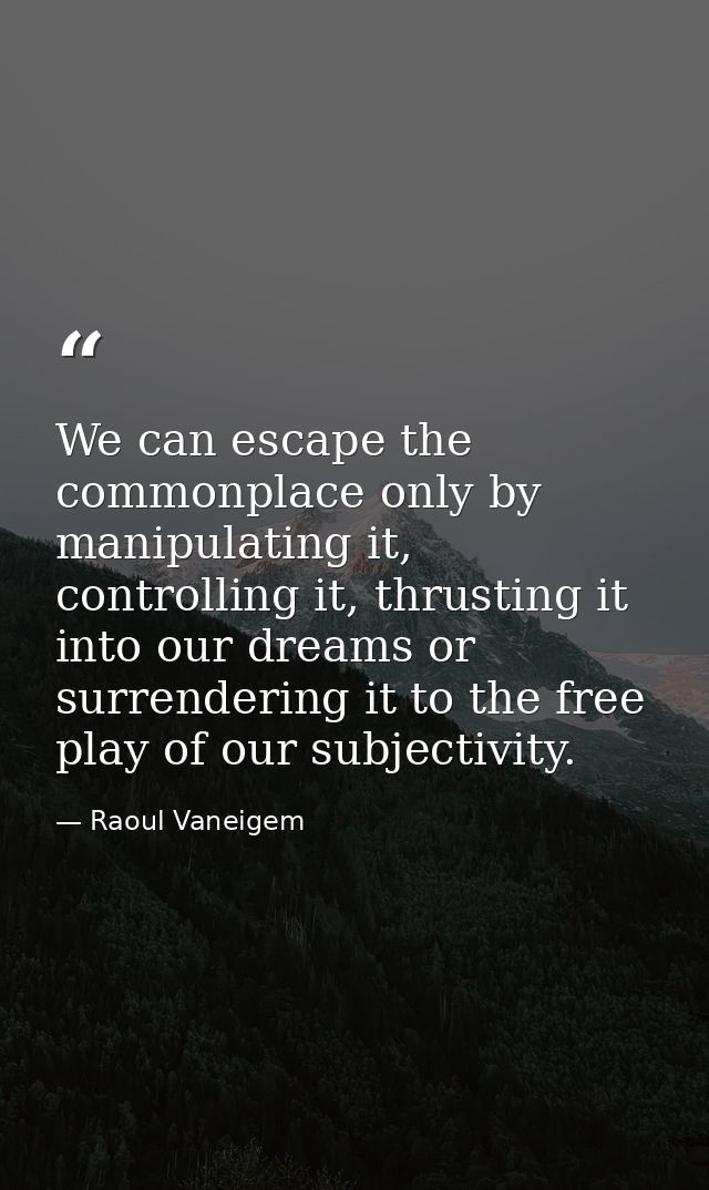We can escape the commonplace only by manipulating it, controlling it, thrusting it into our dreams or surrendering it t — Raoul Vaneigem