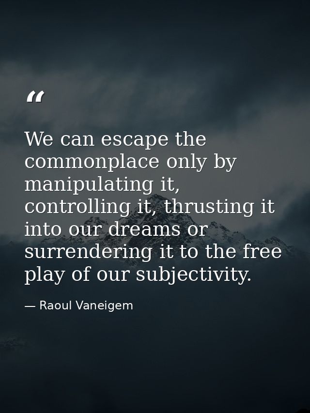 We can escape the commonplace only by manipulating it, controlling it, thrusting it into our dreams or surrendering it t — Raoul Vaneigem