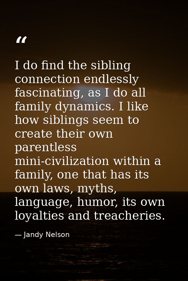 I do find the sibling connection endlessly fascinating, as I do all family dynamics. I like how siblings seem to create  — Jandy Nelson