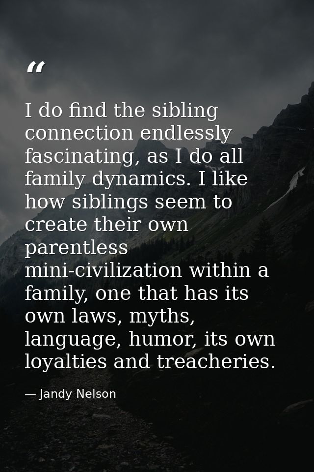 I do find the sibling connection endlessly fascinating, as I do all family dynamics. I like how siblings seem to create  — Jandy Nelson