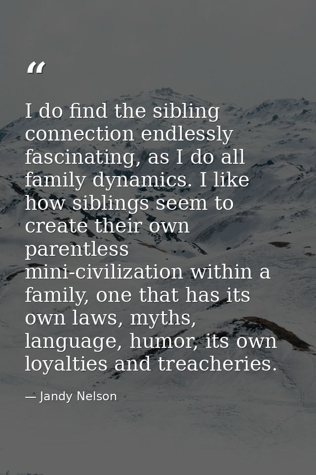 I do find the sibling connection endlessly fascinating, as I do all family dynamics. I like how siblings seem to create  — Jandy Nelson