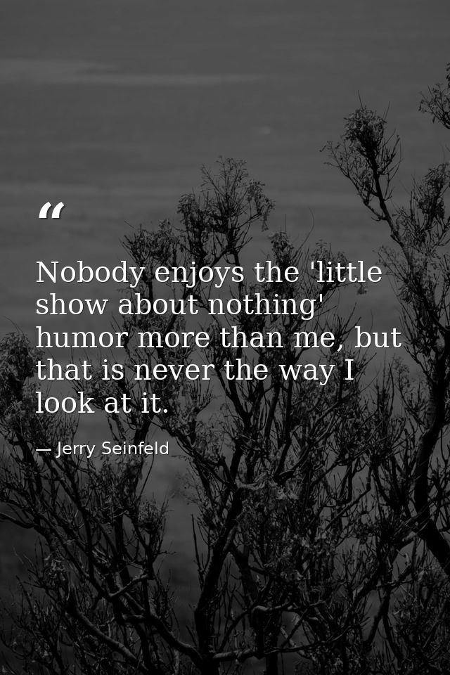 Nobody enjoys the 'little show about nothing' humor more than me, but that is never the way I look at it. — Jerry Seinfeld