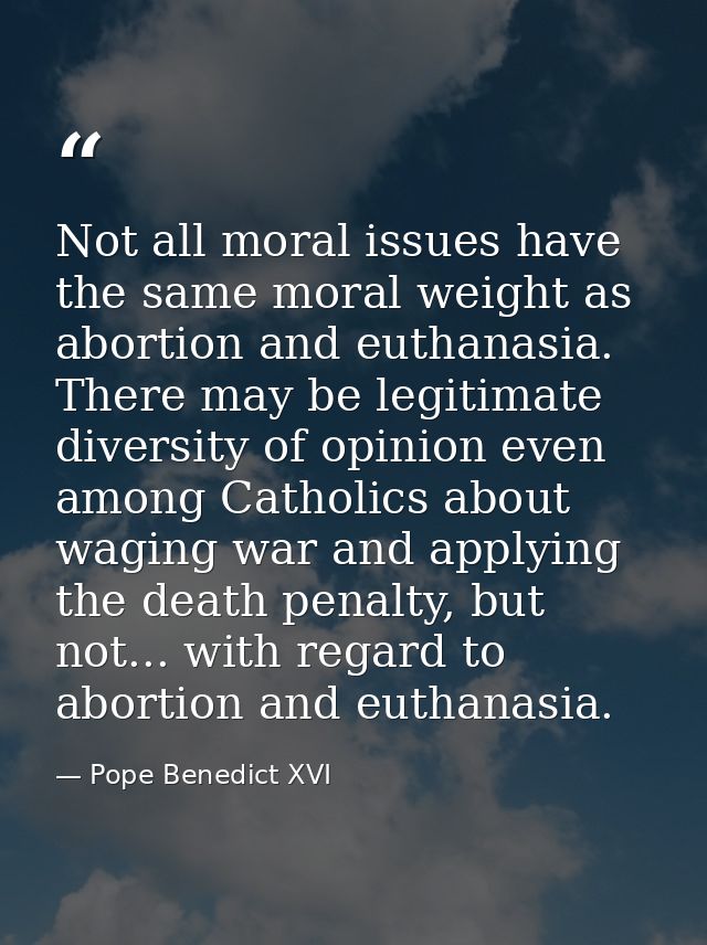 Not all moral issues have the same moral weight as abortion and euthanasia. There may be legitimate diversity of opinion — Pope Benedict XVI