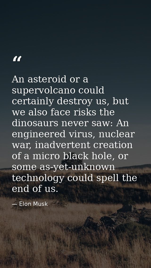 An asteroid or a supervolcano could certainly destroy us, but we also face risks the dinosaurs never saw: An engineered  — Elon Musk